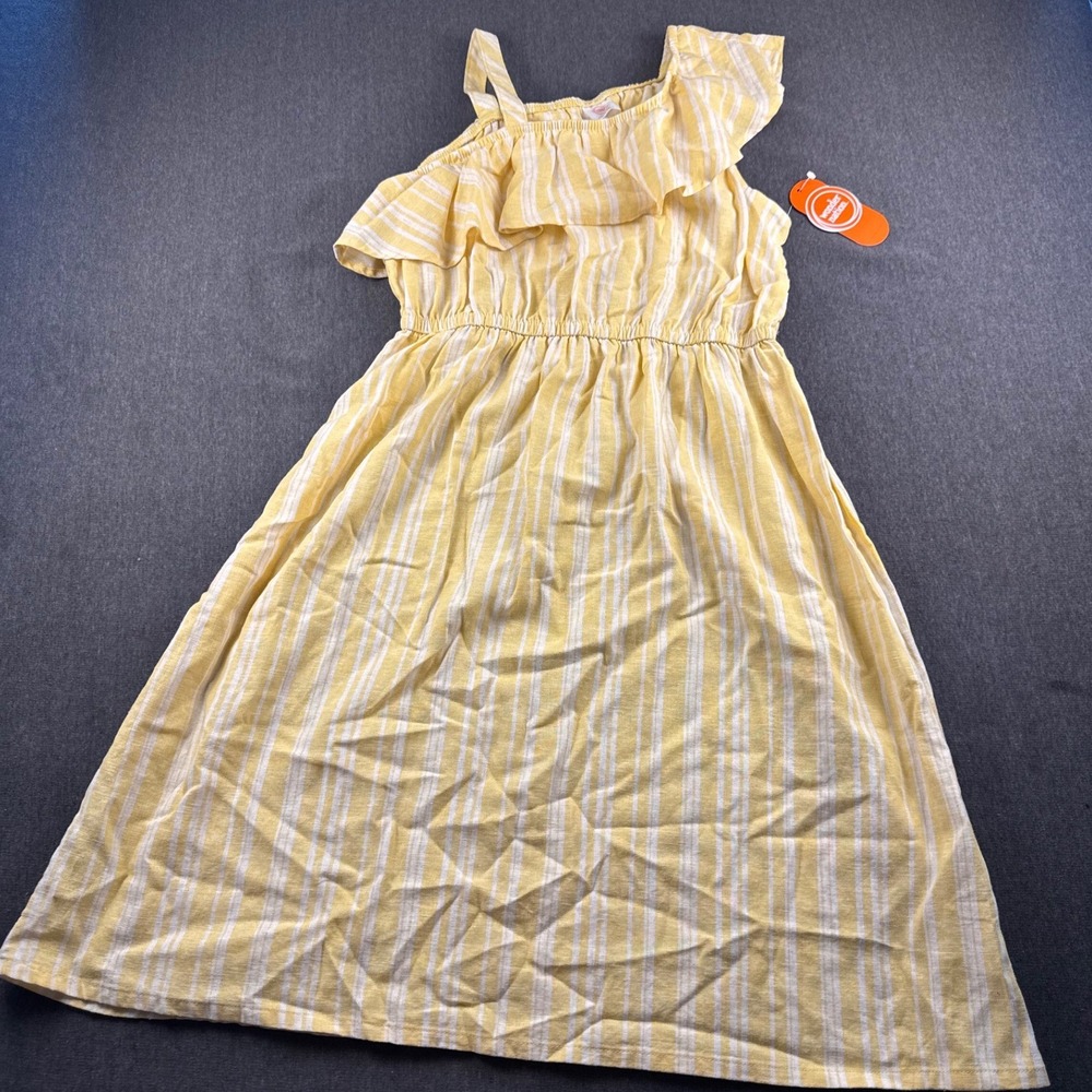 Wonder Nation Girls Yellow White Stripe One Shoulder Linen Blend Dress L 10-12